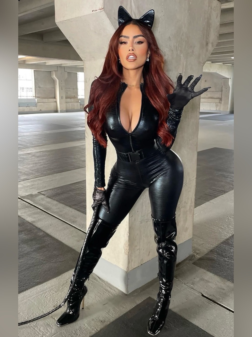 NWOT Fashion Nova 7-piece Black Faux Leather Catwoman Jumpsuit w zip, Large